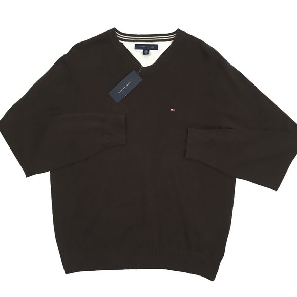 NEW Tommy Hilfiger Sweater! Dark Brown V Neck Tommy Flag on Chest Cotton - Picture 1 of 1